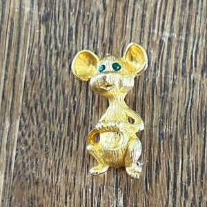 Vintage Gold Mouse Brooch with Green Eyes
